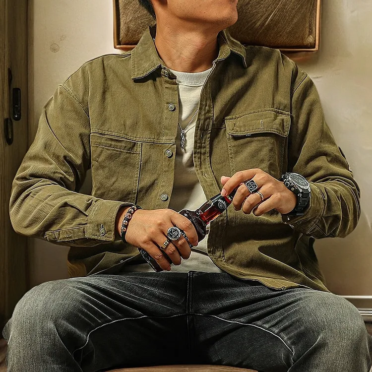 季言重磅工装衬衫式夹克外套男春秋季纯棉翻领 美式复古痞帅上衣