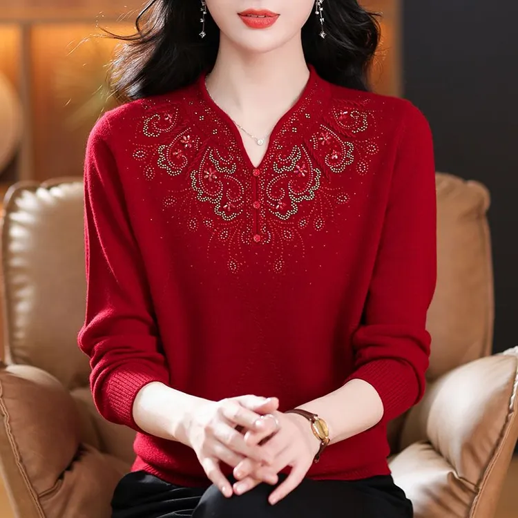 妈妈秋冬100%纯羊毛衫本命年旗袍领上衣中老年针织衫毛衣女打底衫