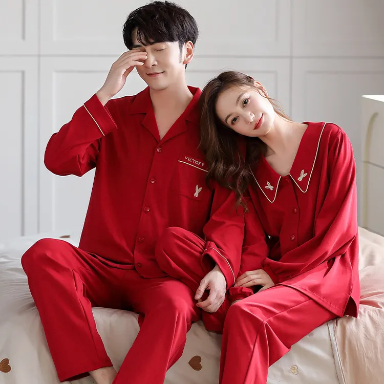 翁小妍2025新款100%棉红色结婚男女士纯棉睡衣情侣春秋冬季长袖