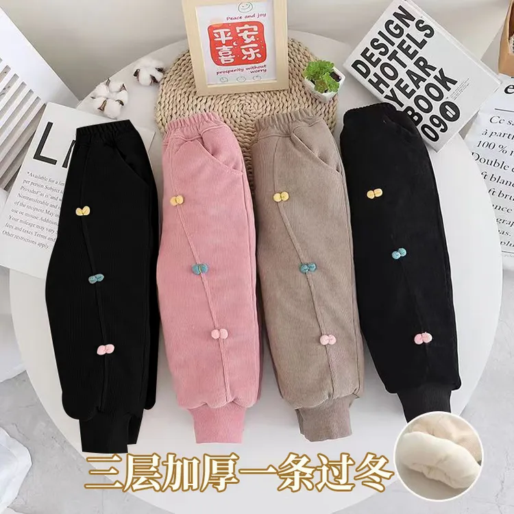 女童小童幼儿一条过冬夹棉保暖裤冬装外穿宝宝裤三层加绒加厚棉裤