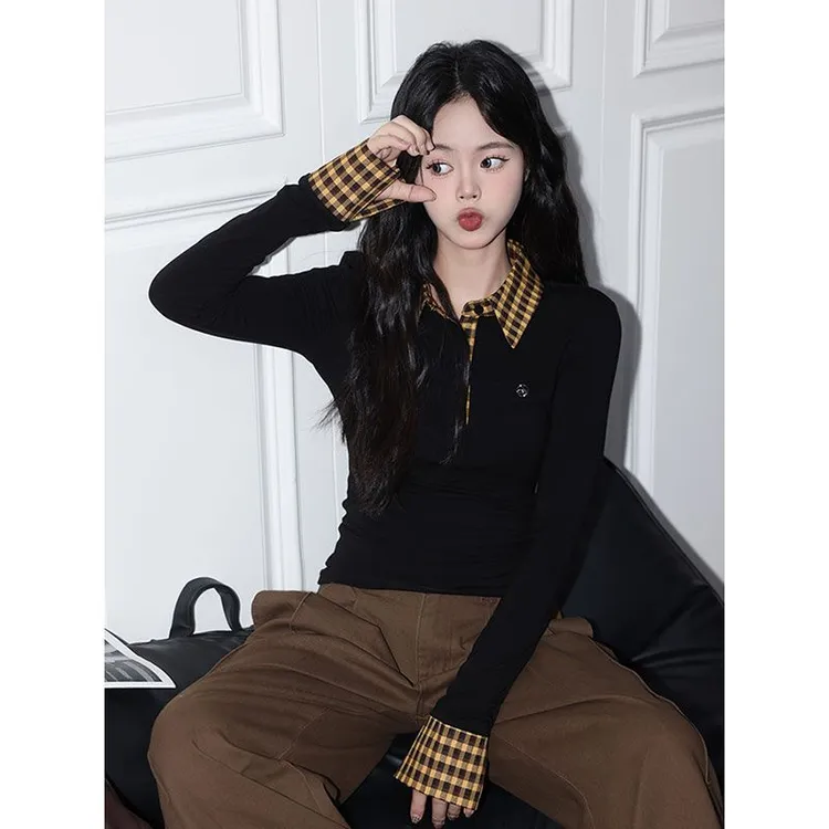 小众假两件格子拼接翻领ol长袖T恤女秋冬小个子修身冬天内搭穿搭