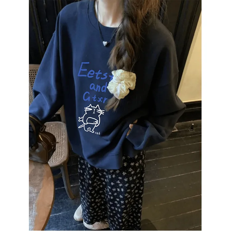 秋季趣味猫印花圆领卫衣春秋女款小众韩系宽松慵懒风休闲百搭上衣