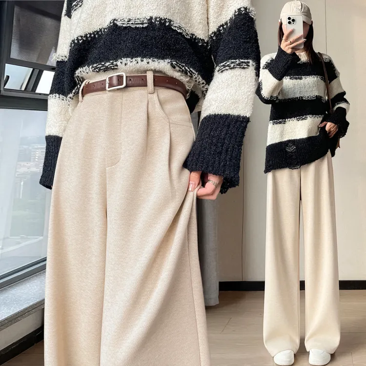 人字纹毛呢阔腿裤女秋冬季新款高腰垂感显瘦百搭加绒直筒休闲裤