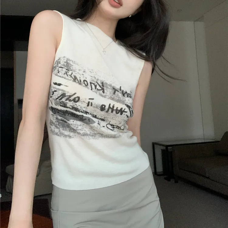 美式字母印花针织小背心女夏季修身白色辣妹显瘦别致无袖上衣外穿