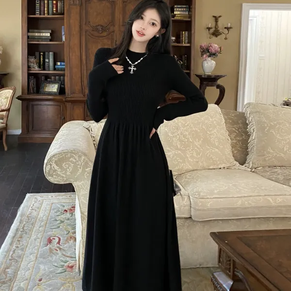 黑色内搭打底裙垂坠感连衣裙秋冬季2023新款收腰显瘦小个子长裙女