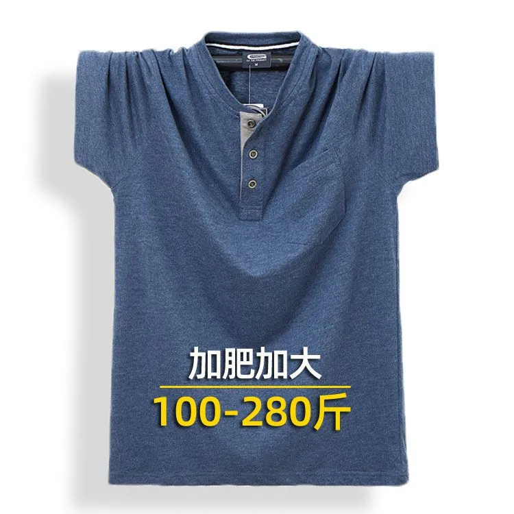 胖子美式亨利领短袖T恤男加肥加大码棉感宽松薄款中青年肥佬半袖