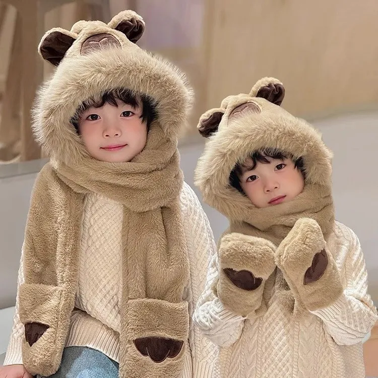 卡皮巴拉帽子儿童帽子围巾一体围脖手套三件套秋冬季冬款男孩冬天