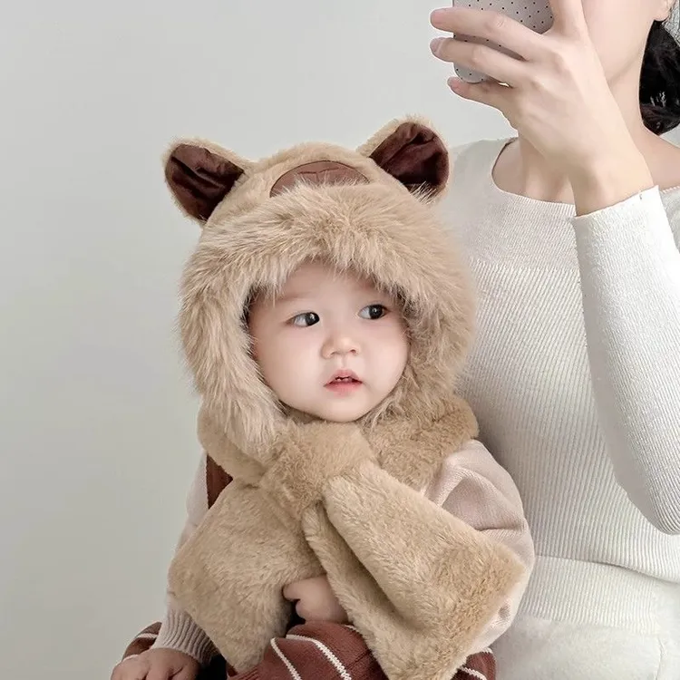 卡皮巴拉帽子围巾一体儿童保暖加厚毛绒帽男女宝宝防寒冬款护耳帽