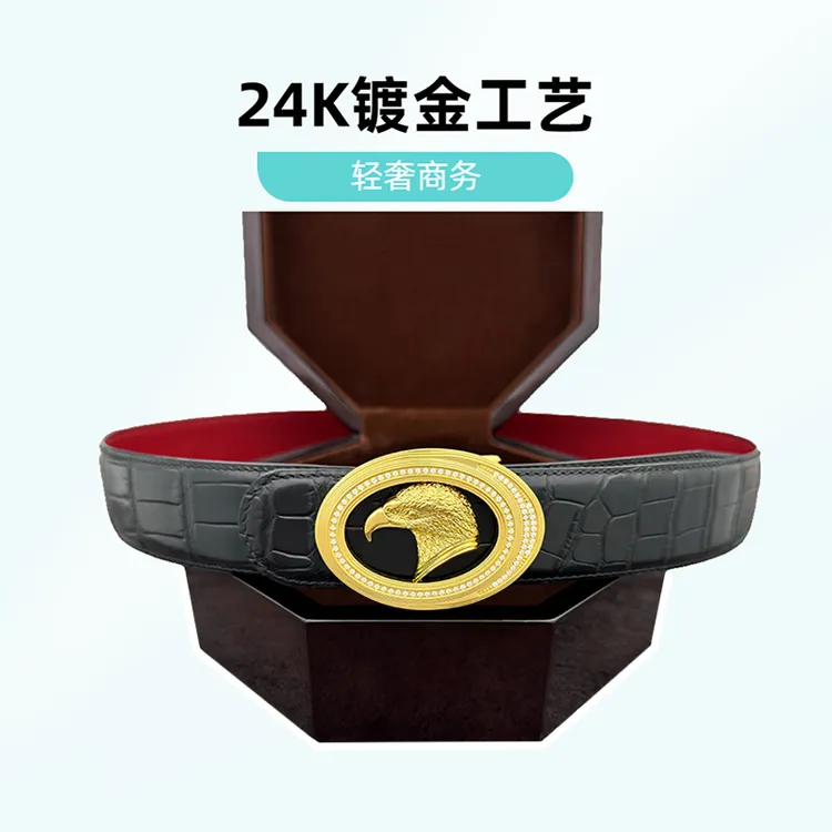 新款鹰头镶钻经典男士商务鳄鱼纹蓝色真牛皮时尚潮流男装休闲皮带