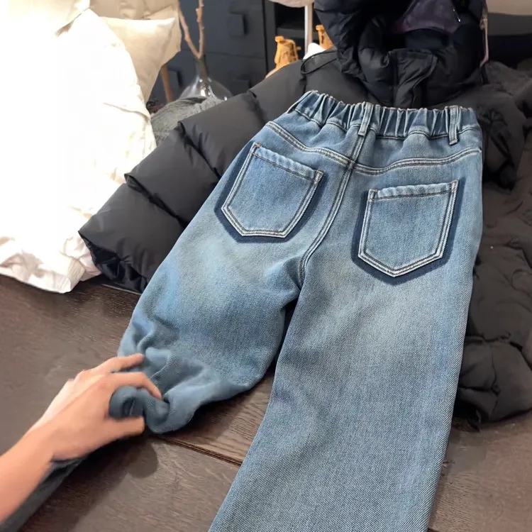 女童牛仔裤百搭水洗奥粒绒加绒加厚牛仔裤长裤中大童保暖宽松裤子
