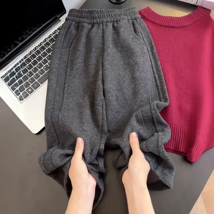 童装中大童2025冬款女童人字纹加绒加厚直筒裤儿童保暖长裤拖地裤