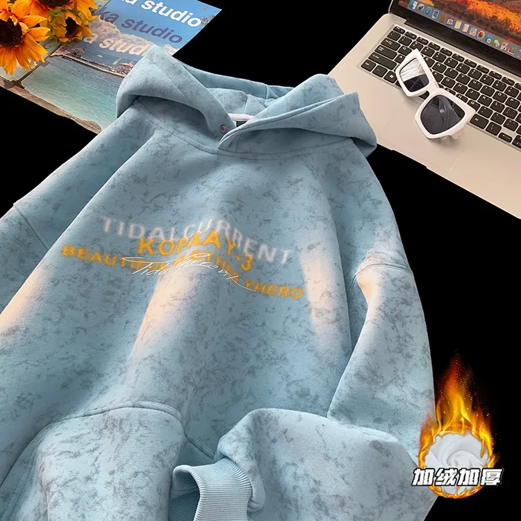 美式脏染蓝色连帽卫衣男秋冬重磅加绒青少年潮牌oversize情侣外套