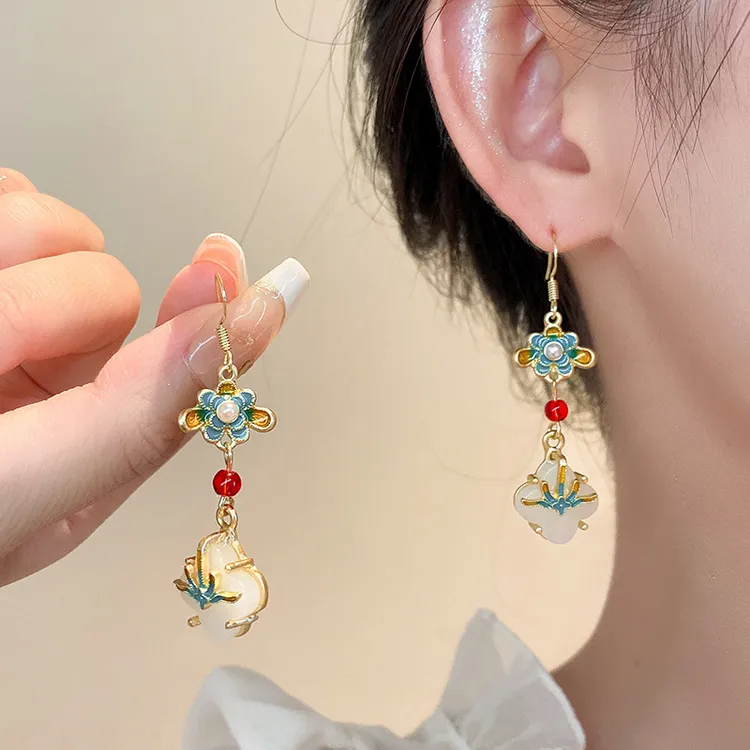 合金耳饰 国潮复古四叶草流苏长款耳环女古典珐琅汉服配饰耳坠ins