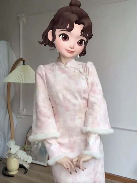 水粉新中国风旗袍裙马甲套装秋冬复古国风温柔女装