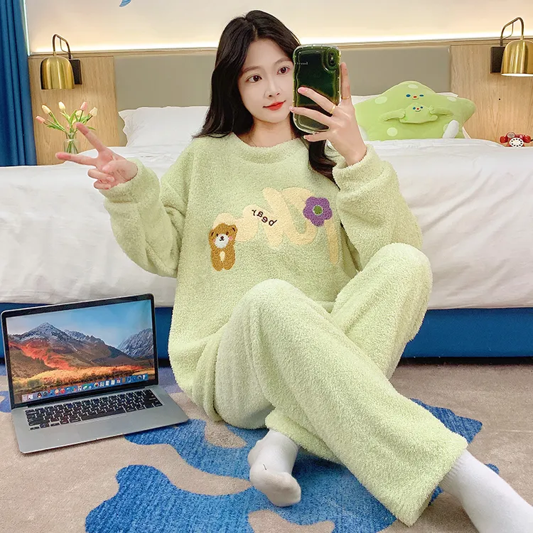 睡衣女套装秋冬季天新款加厚珊瑚绒学生大码加绒保暖半边绒家居服