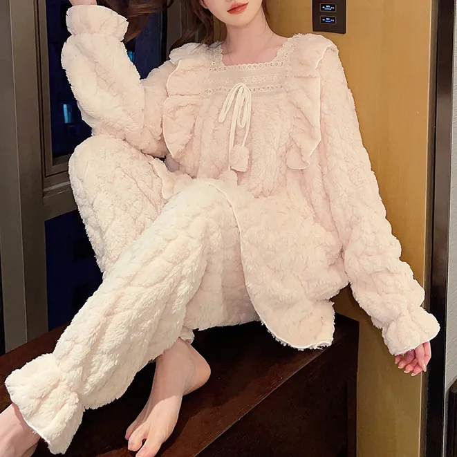 韩版珊瑚绒睡衣女款春秋冬季加绒加厚保暖公主风加大码家居服套装