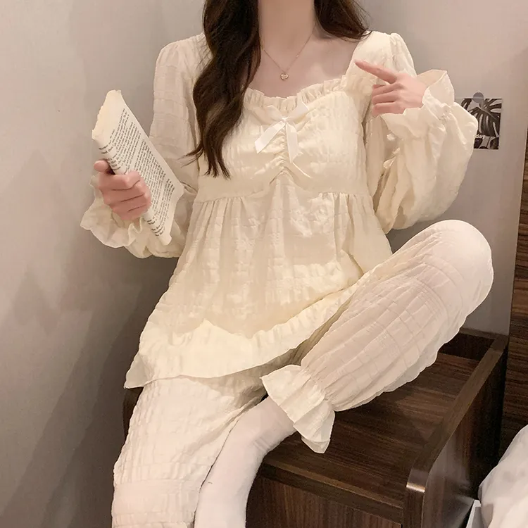 带胸垫睡衣女春秋冬季薄款长袖套装女士网红新款甜美可爱家居服