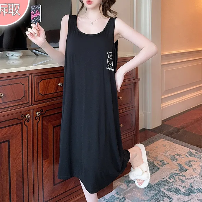 夏季带胸垫薄款莫代尔凉感冰丝睡裙夏天宽松加大码女士睡衣家居服