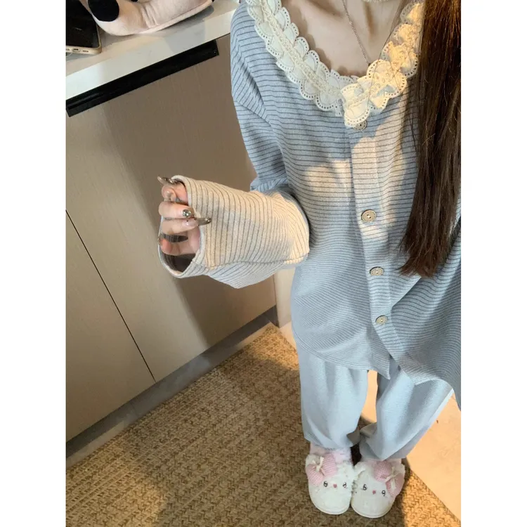 小香风条纹春秋季家居服德绒甜美蕾丝睡衣套装女装冬季睡裤两件套