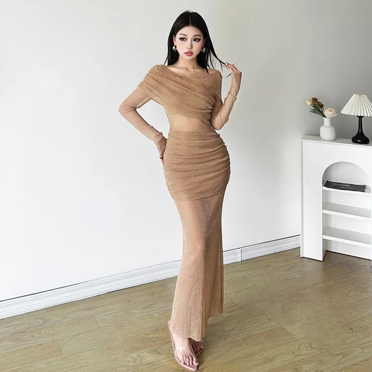 Malou 轻奢优雅blingbling亮晶晶褶皱显瘦长袖连衣裙女K24D53557