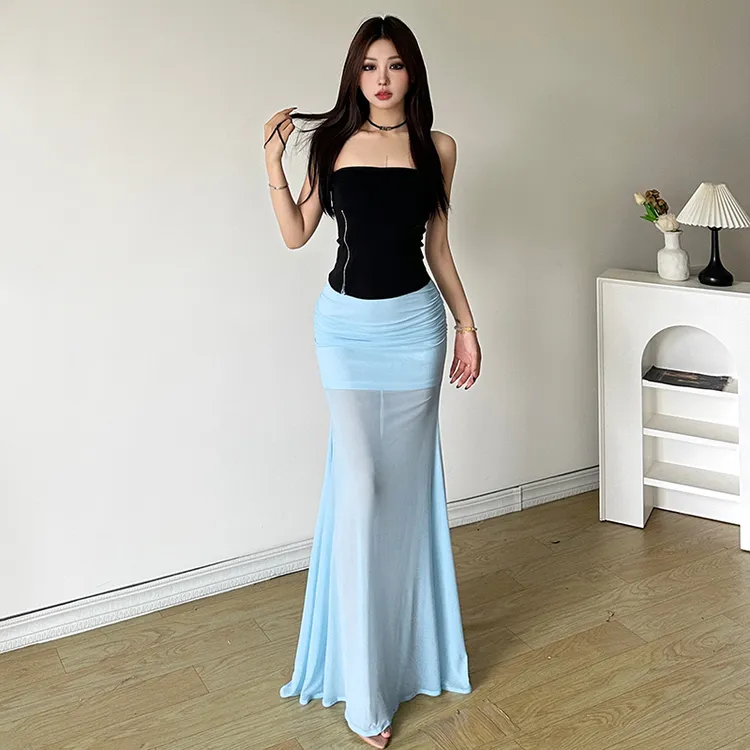 Malou清冷感紧身拉链百搭抹胸 薄雾网纱长裙套装K24L51878+J51879