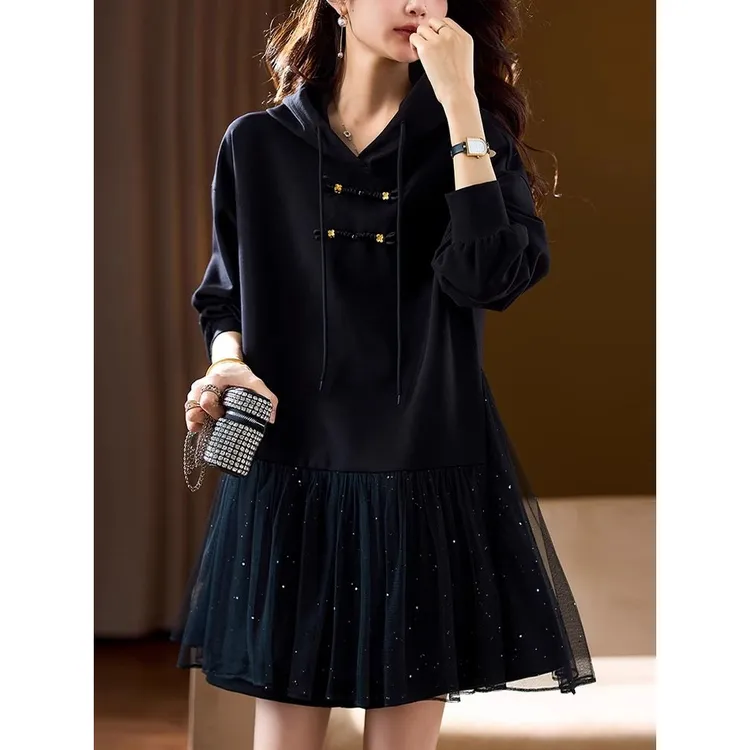 大码女装国风休闲连帽连衣裙子2024秋季新款时尚百搭宽松型