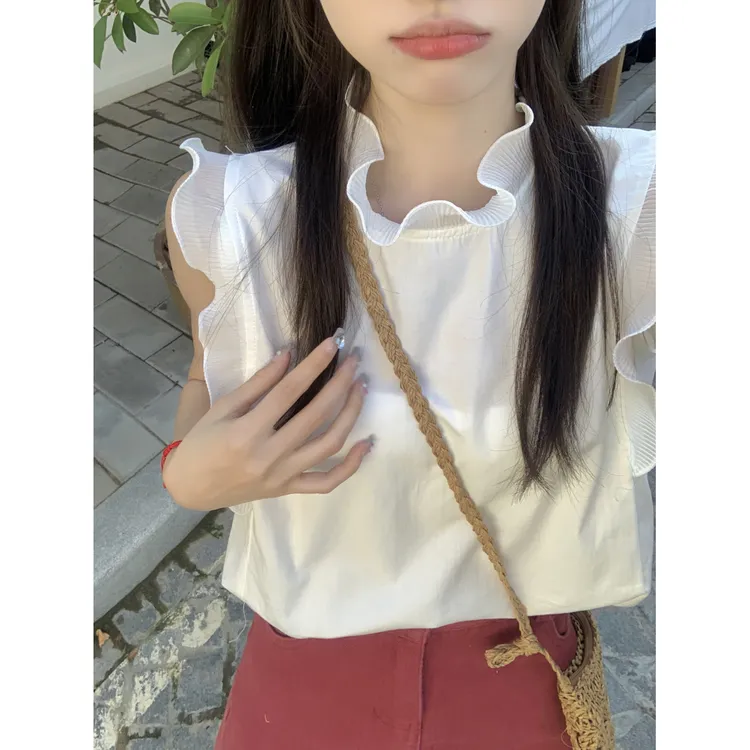 实拍实价 韩版气质小衫显瘦纯色立领木耳边套头上衣设计感衬衣