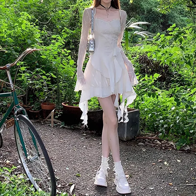 法式不规则仙气吊带连衣裙女夏季新款荷叶边氛围感短裙+显瘦开衫