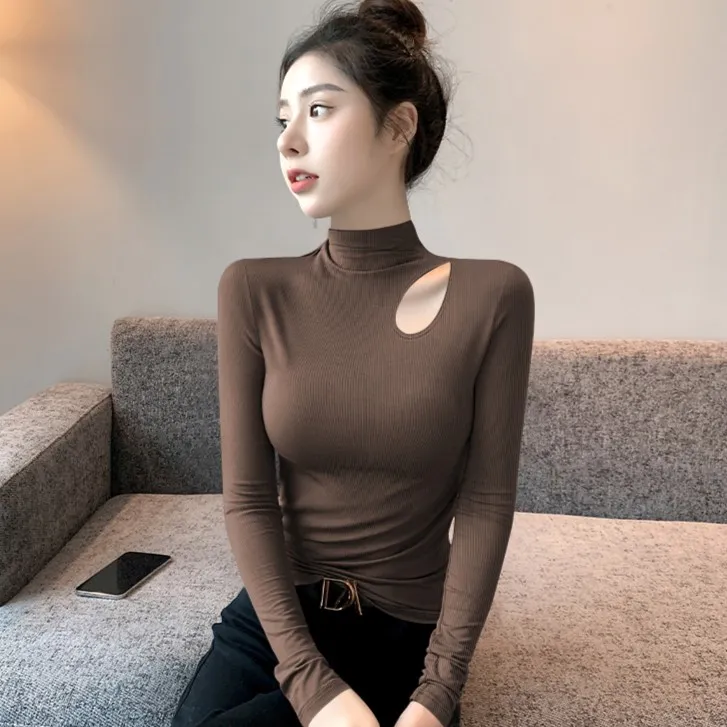 半高领打底衫女镂空长袖t恤秋冬内搭高级感黑色螺纹修身上衣新款