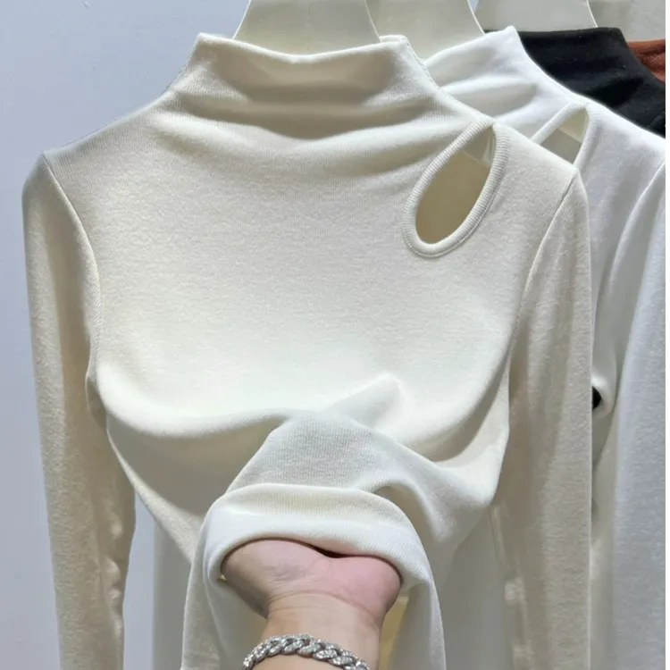 黑色半高领软糥内搭修身打底衫女秋冬季新款磨毛长袖保暖T恤上衣