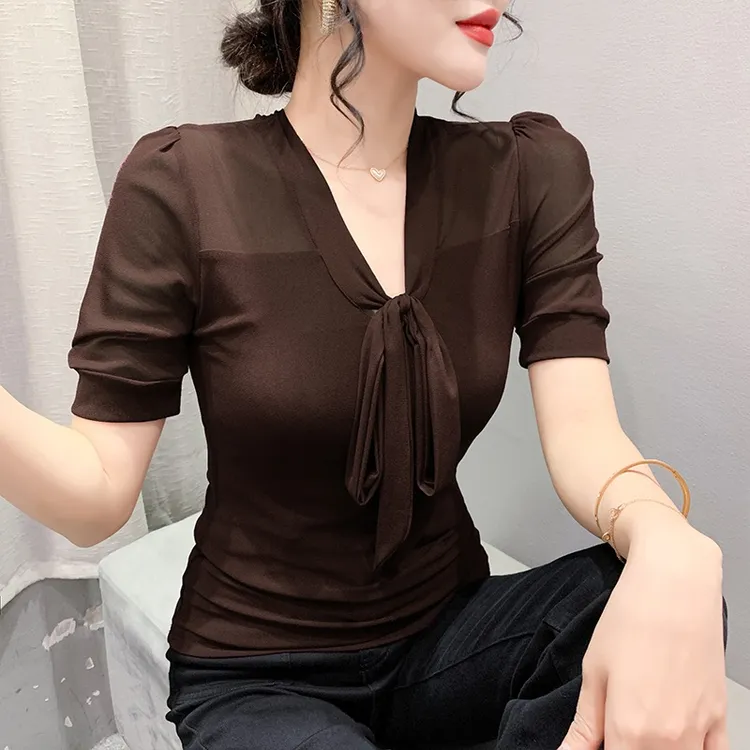 V领网纱短袖上衣气质小衫夏季新款设计感五分袖性感修身显瘦T恤女