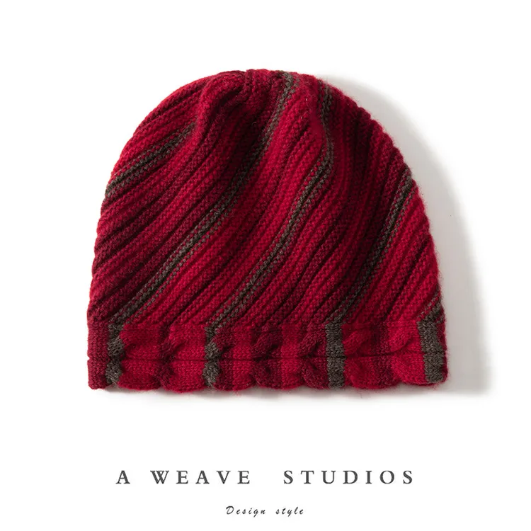 秋冬新款100%纯山羊绒帽子女拼色条纹保暖针织护耳包头堆堆冷帽潮