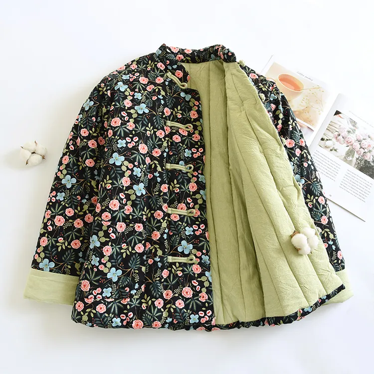 58【黑玫瑰】碎花手工棉花袄 冬季女棉服国风盘扣国潮加厚棉衣成人