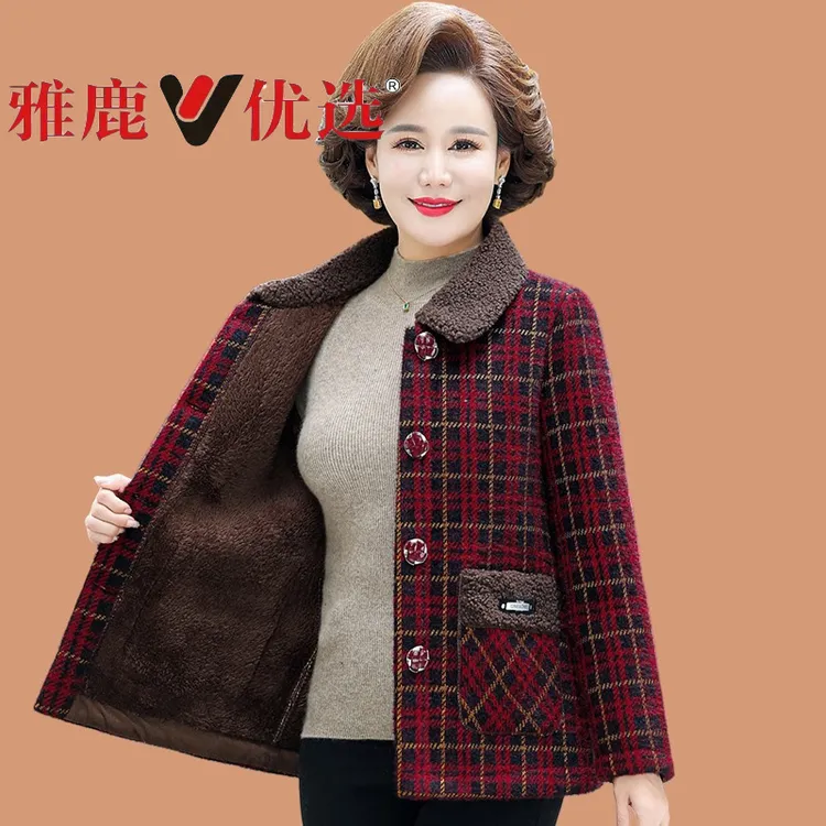 雅鹿优选中年妈妈冬装加绒加厚水仿貂绒外套小个子中老年女格子短