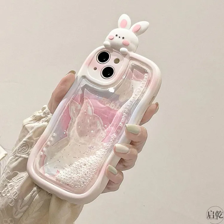 珍珠流沙可爱粉色趴趴兔子适用苹果15手机壳iPhone14Promax少女16