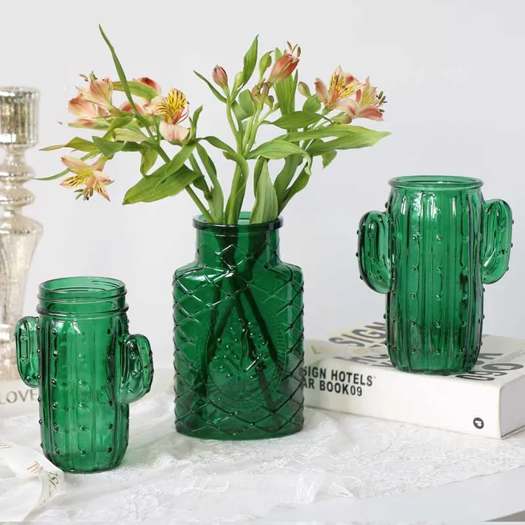 美式复古浮雕玻璃墨绿色花瓶仙人掌小号桌面富贵竹插花瓶新中式瓶