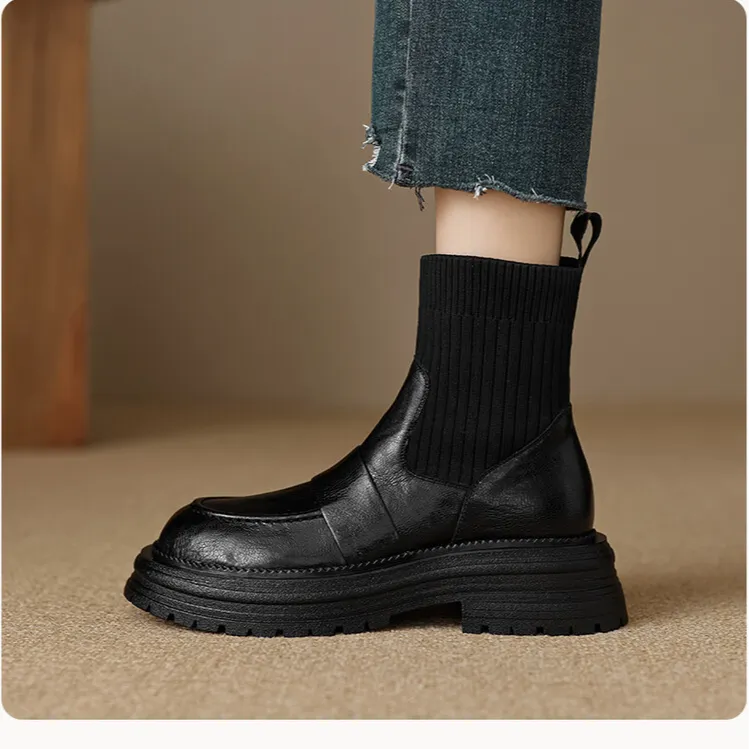 2024秋季新款真皮拼接针织弹力袜靴女英伦风圆头厚底瘦瘦鞋853