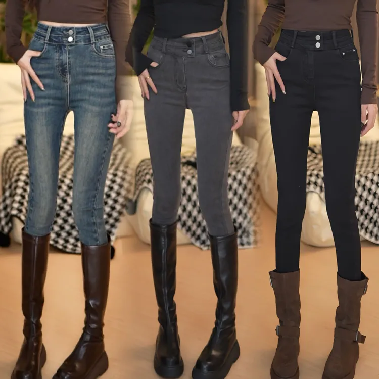 高腰修身显脚牛仔裤2025年新款女弹力紧身两粒扣铅笔九分裤秋冬款