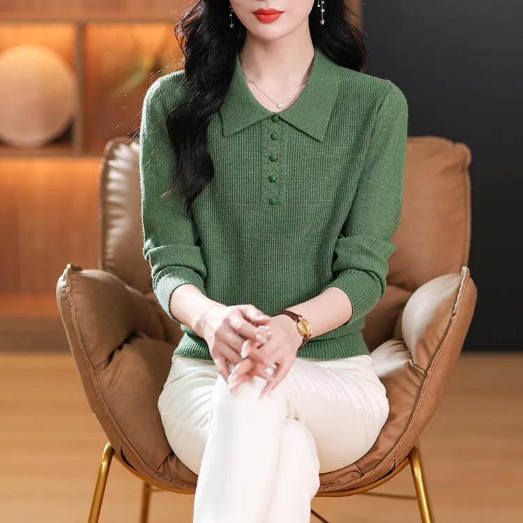 沐羊春秋长袖针织衫女秋季新款翻领套头打底上衣外穿气质显瘦