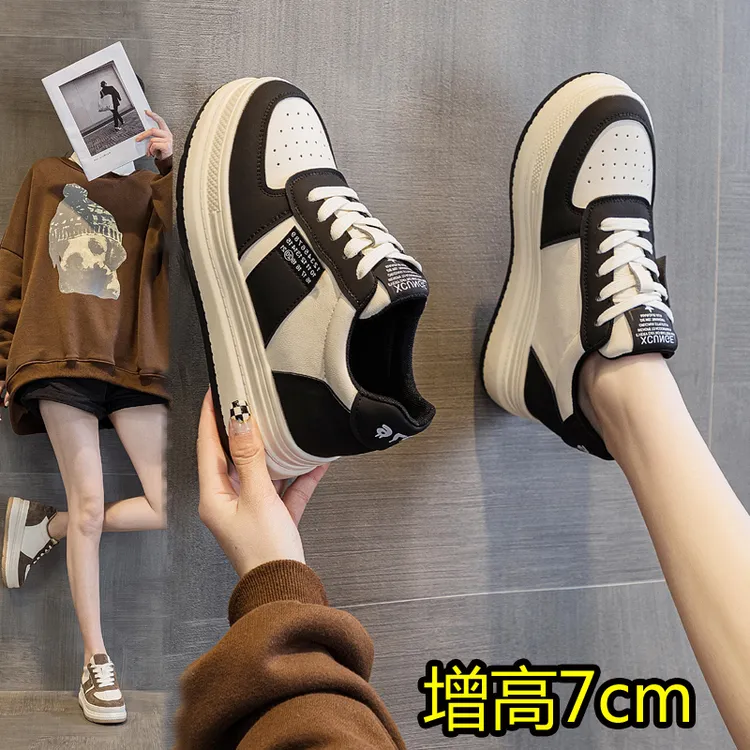 黑白熊猫女鞋内增高真皮松糕厚底小白鞋小码休闲鞋313233板鞋百搭