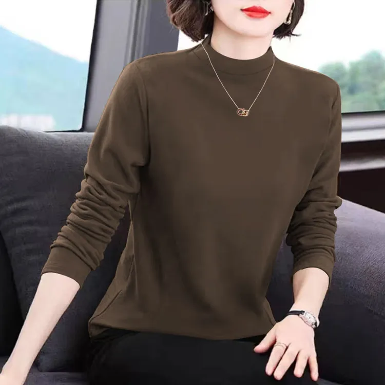 秋冬双面德绒上衣女长袖洋气妈妈装秋衣半高领女士保暖内搭打底衫