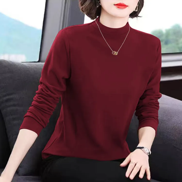 秋冬双面德绒上衣女长袖妈妈装红色秋衣半高领女士保暖内搭打底衫
