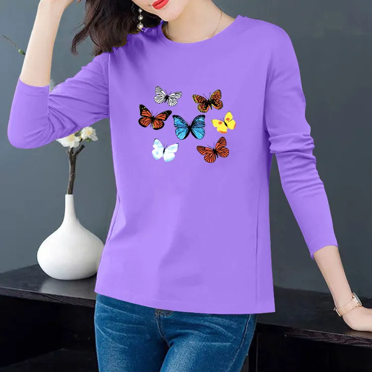 纯棉女士t恤长袖印花大码显瘦洋气时尚秋衣女上衣春秋内搭打底衫