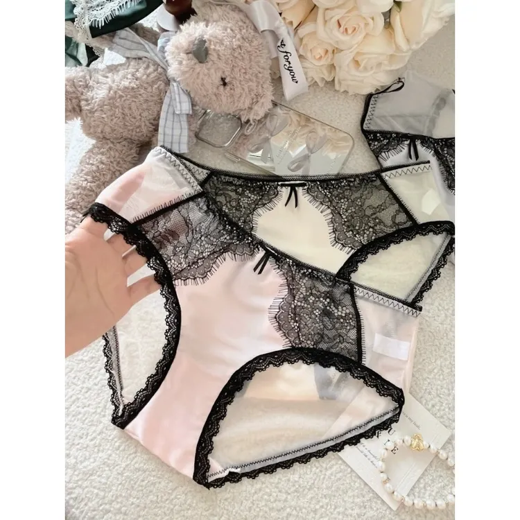 留洋千金～法式千金感睫毛蕾丝缎面少女内裤网纱透视纯欲夏季薄款