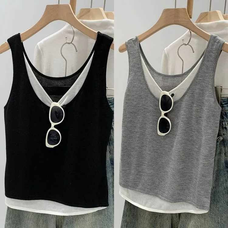 2025春夏季新款假两件吊带背心女大码宽松胖妹妹内搭外穿无袖上衣