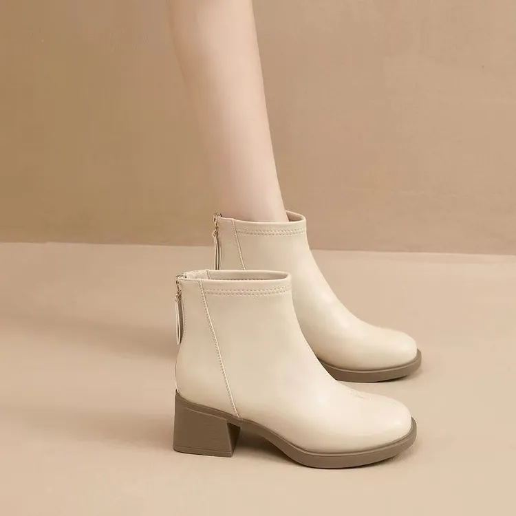 新款中跟加绒小短靴女鞋2024秋冬爆款法式白色瘦瘦靴粗跟马丁靴子