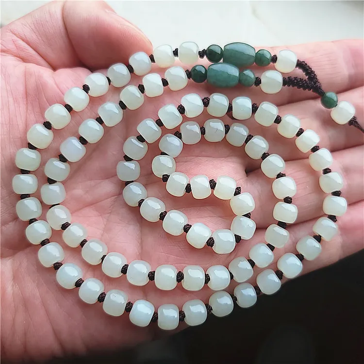 和田玉项链吊坠珠链手工编织时尚百搭白色复古绿色翡翠长链米珠男