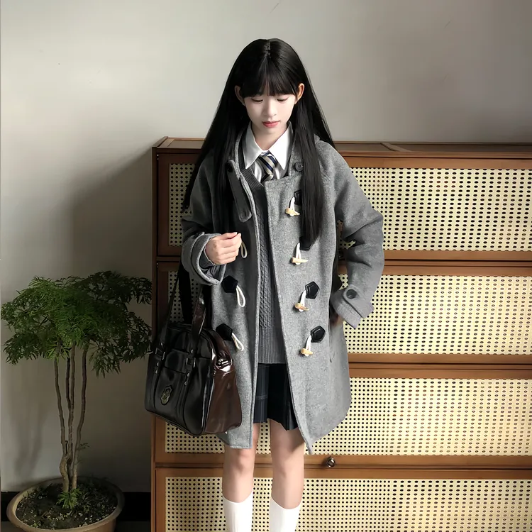 火星家JK制服灰色牛角扣大衣女秋冬连帽jk小个子学院风毛呢外套