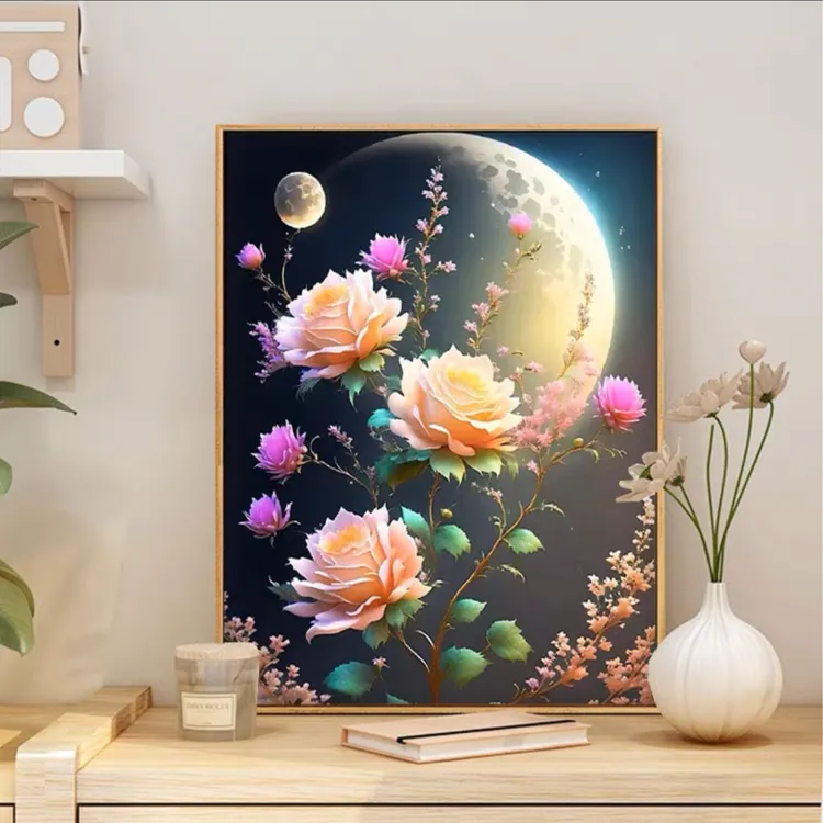 月下玫瑰|真心数字油画diy填色涂色手绘油彩画丙烯填充治愈装饰画