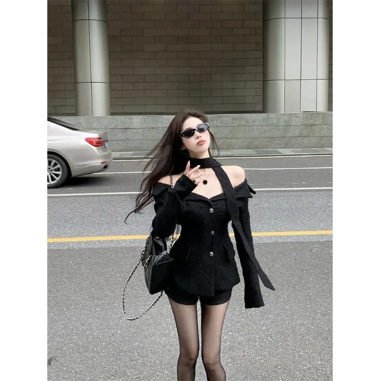 一字肩复古黑色长袖外套女秋季小香风修身显瘦高级感气质开衫上衣